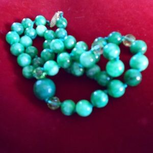 Jade Necklace 20"  Deep Green w/Crystals & 14k